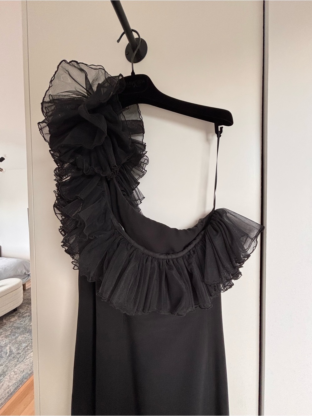 Asymmetric Black One-Shoulder Ruffle Maxi Dress